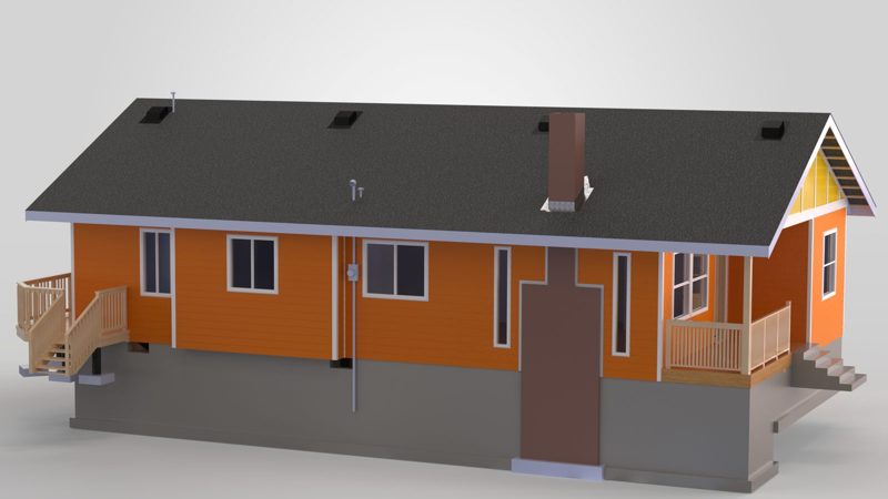 SolidWorks render of a rebuilt single-story house with a new porch and chimney