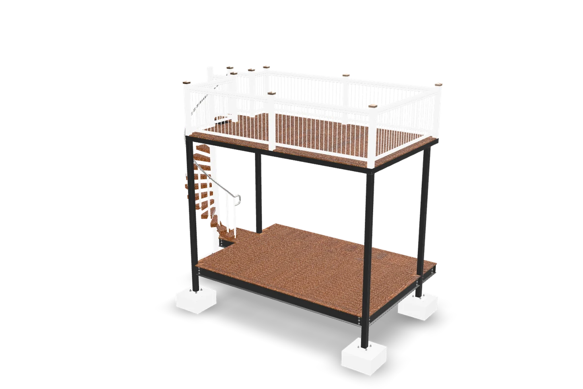 3D render of a two-level steel deck with a spiral stair, white railings, wood decking and concrete footings