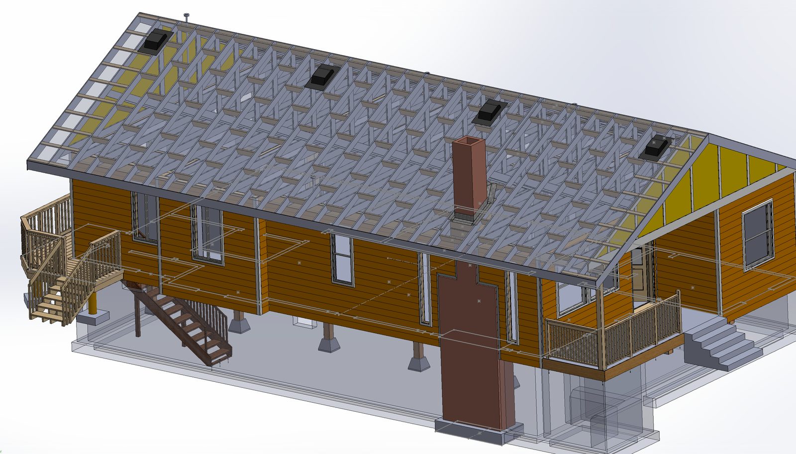SolidWorks model with a transparent roof showing the new truss layout, deck, porch and footings