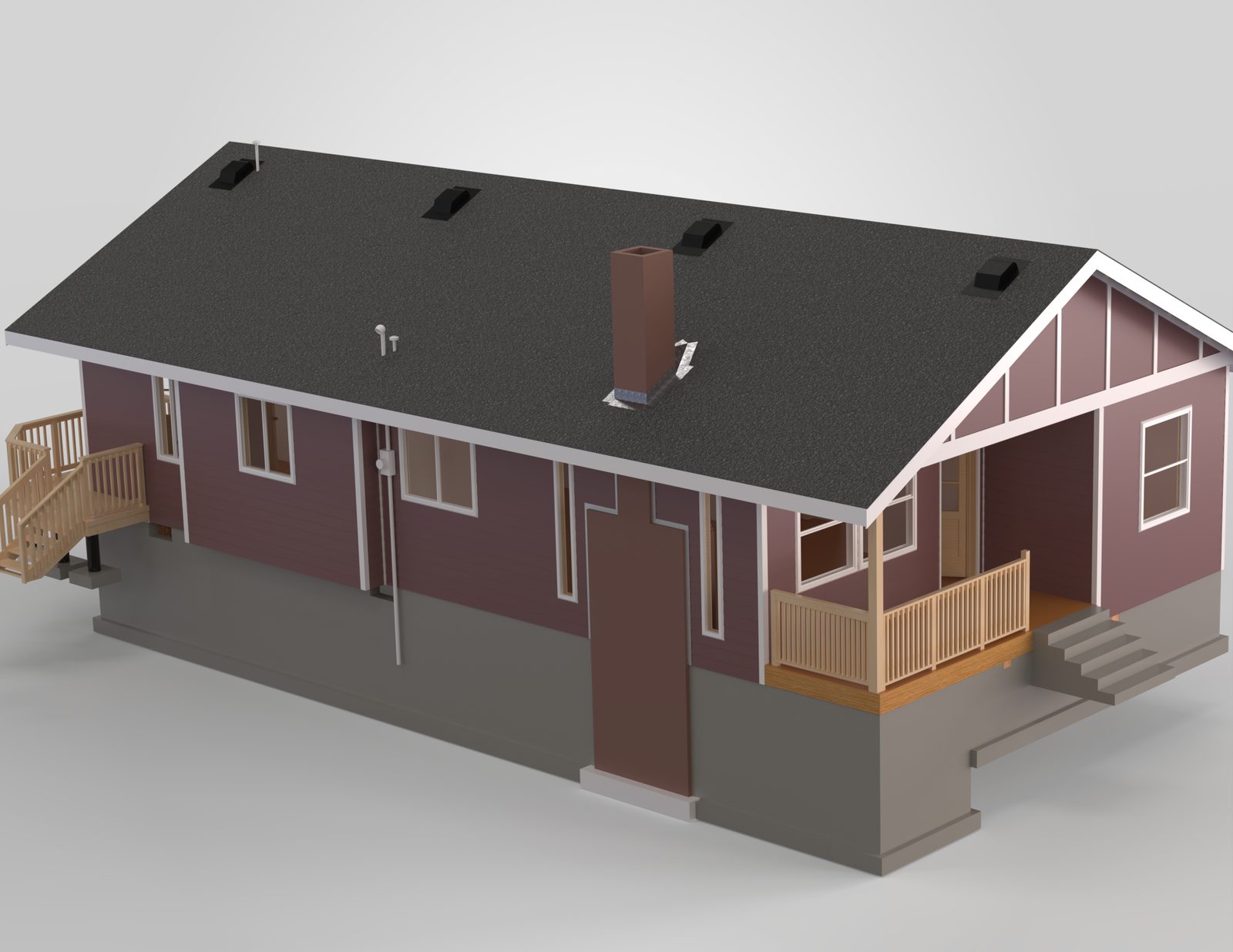 SolidWorks render of a fire-damaged home rebuilt with a new porch, deck and chimney