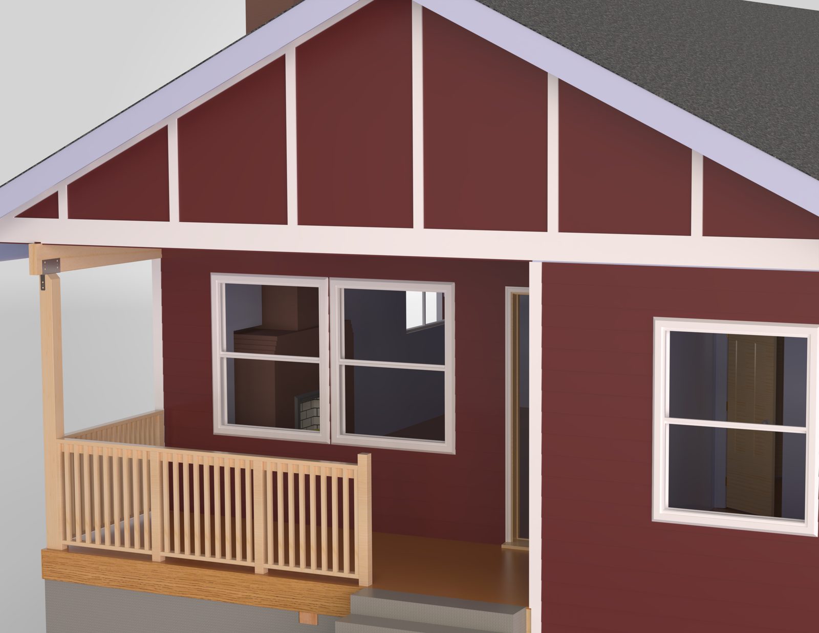 Close-up render of the front porch in an alternate red color scheme