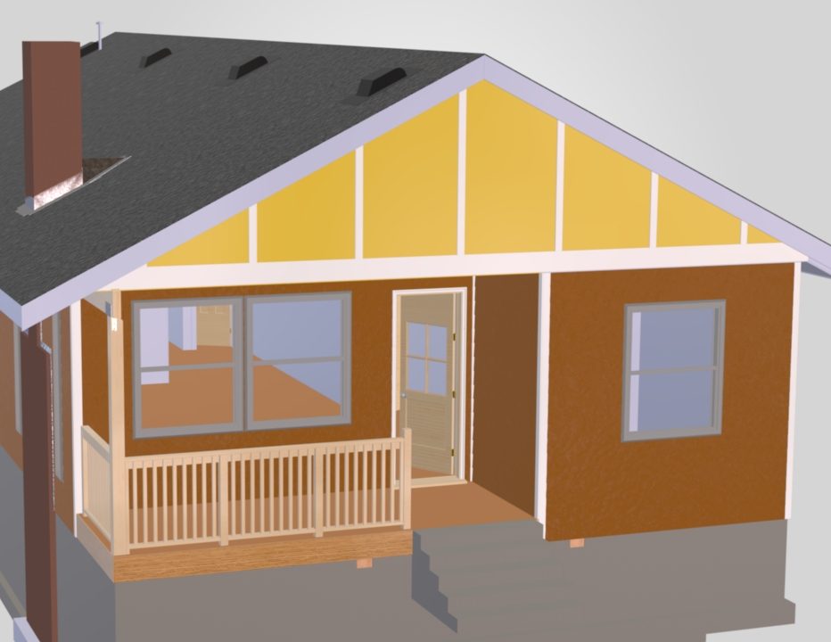 Close-up render of the rebuilt front porch with railing and entry door