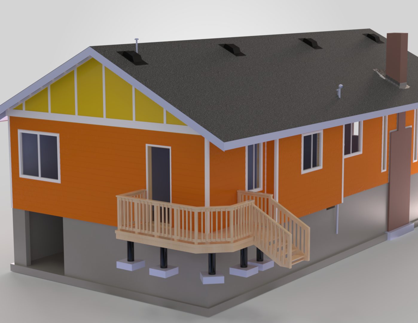 Render of the new rear deck and stairs on post footings