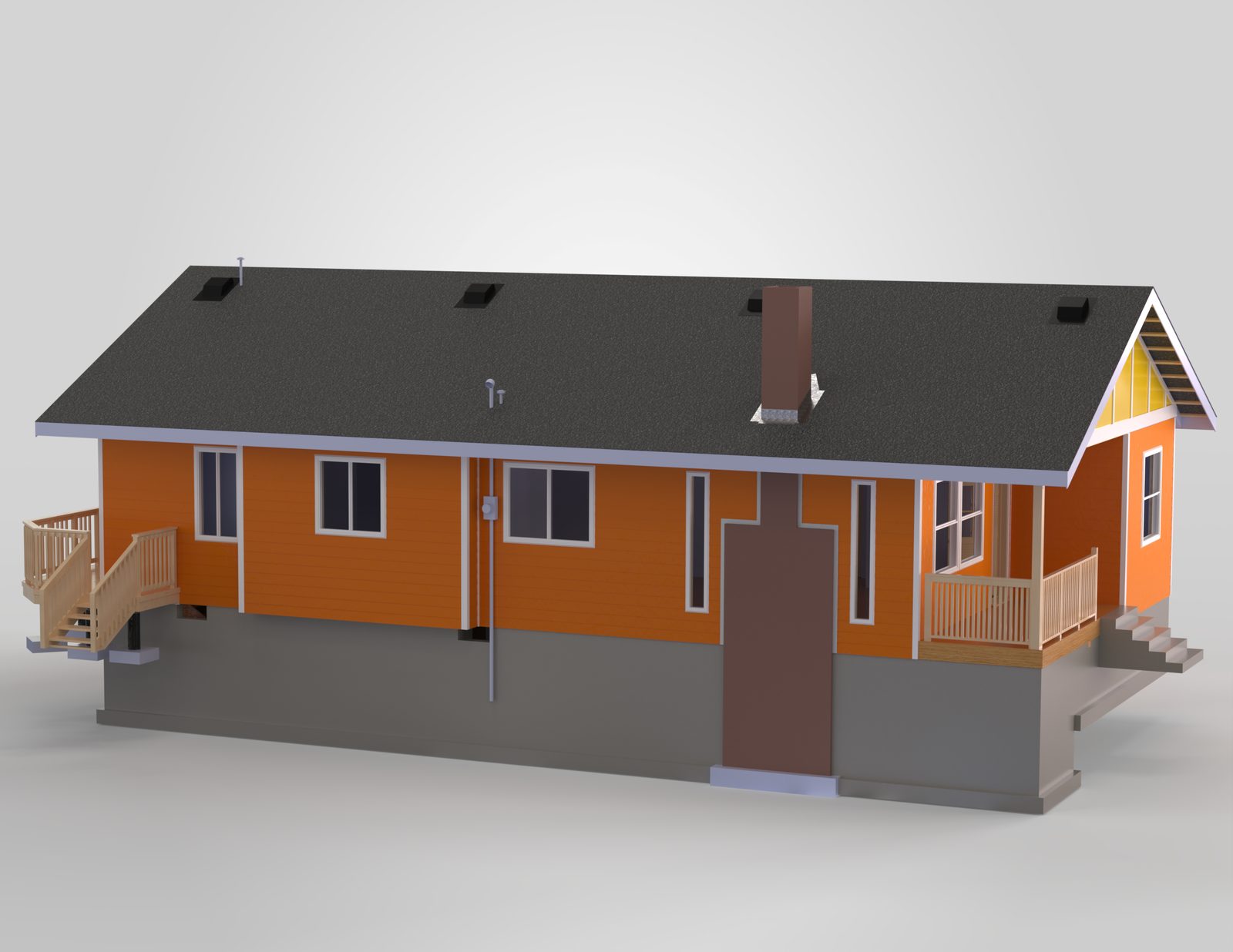 Side view render of the rebuilt house with orange siding, chimney and porch