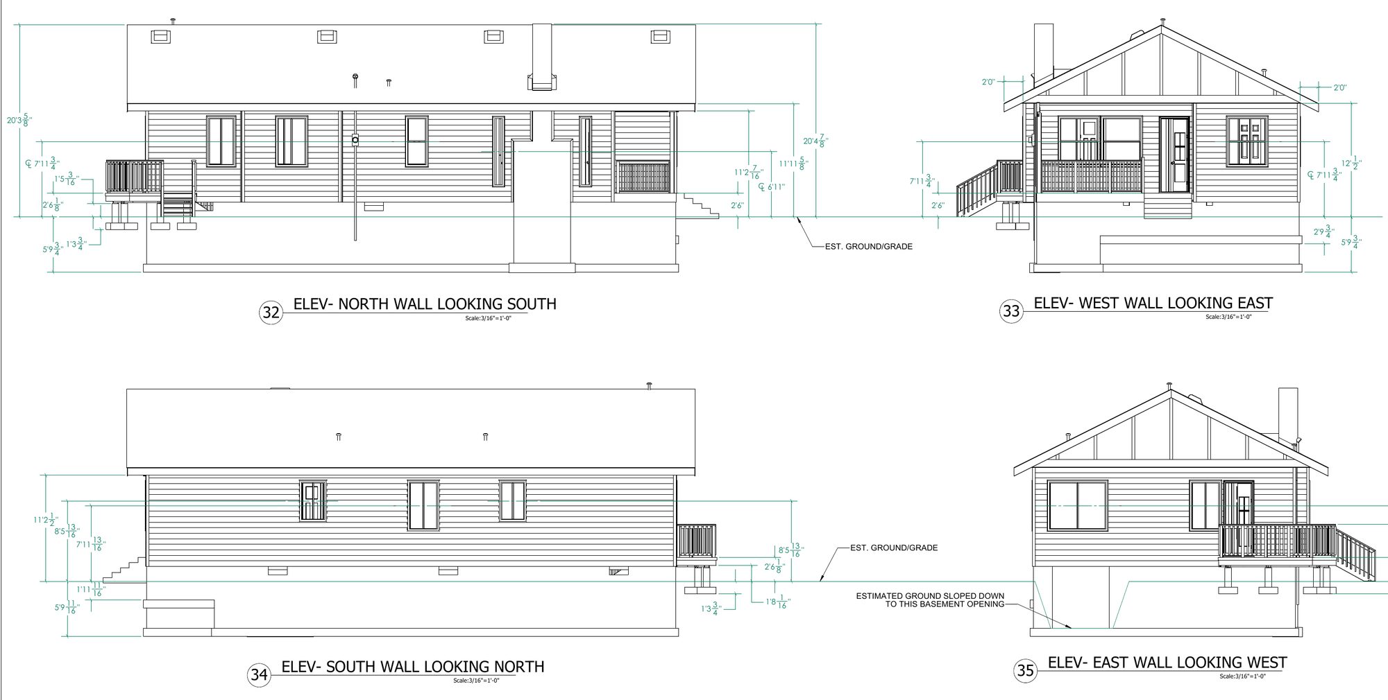 Permit sheet with exterior elevations of all four sides of the house