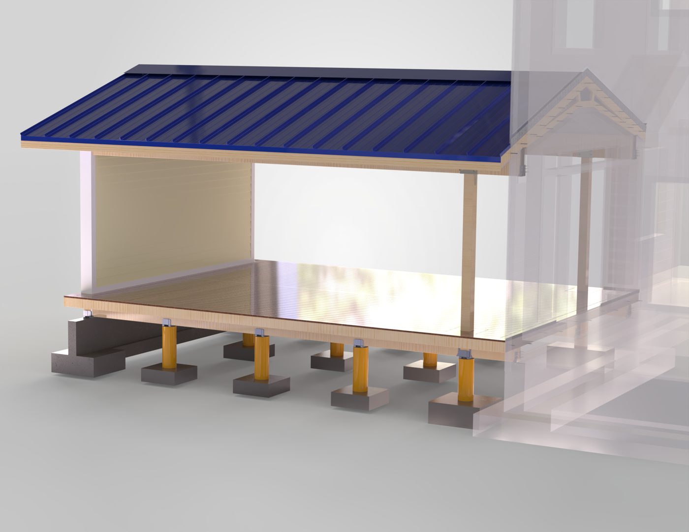 SolidWorks render of a covered deck addition on piers