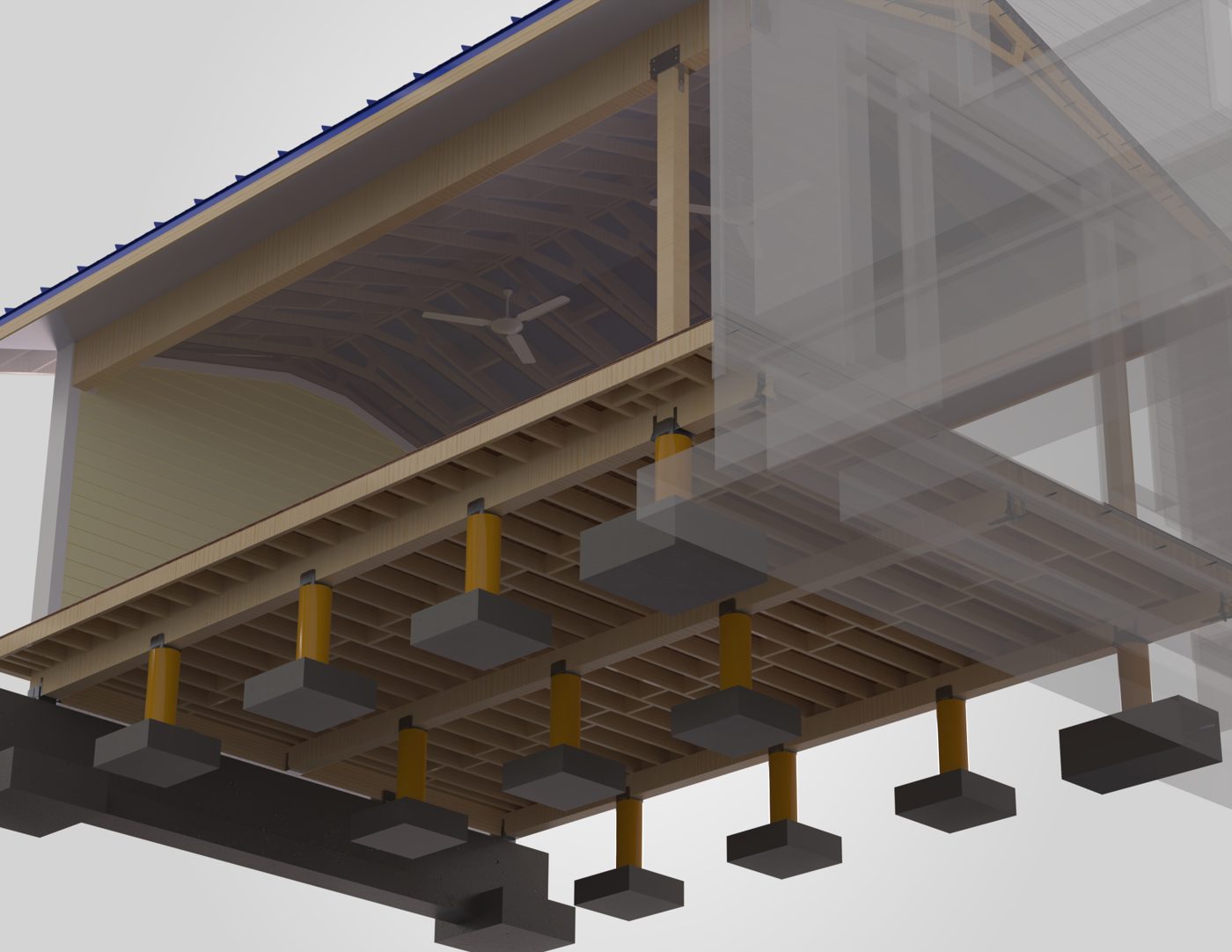 Underside view showing joists, beams and pier footings