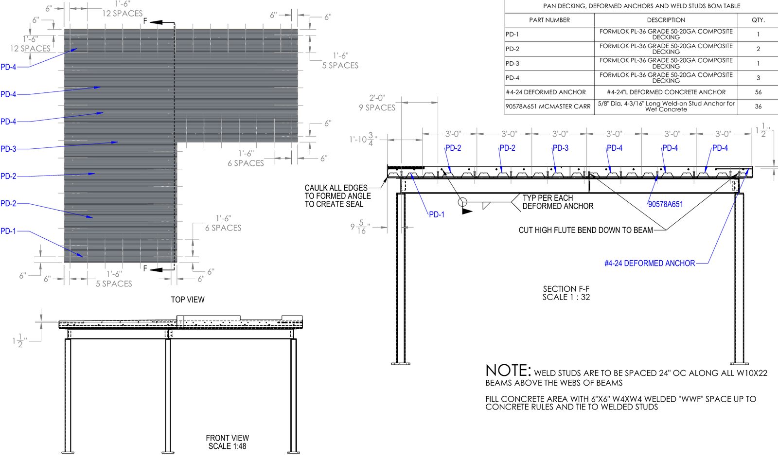 Pan deck detail sheet with top view, front view and section F-F