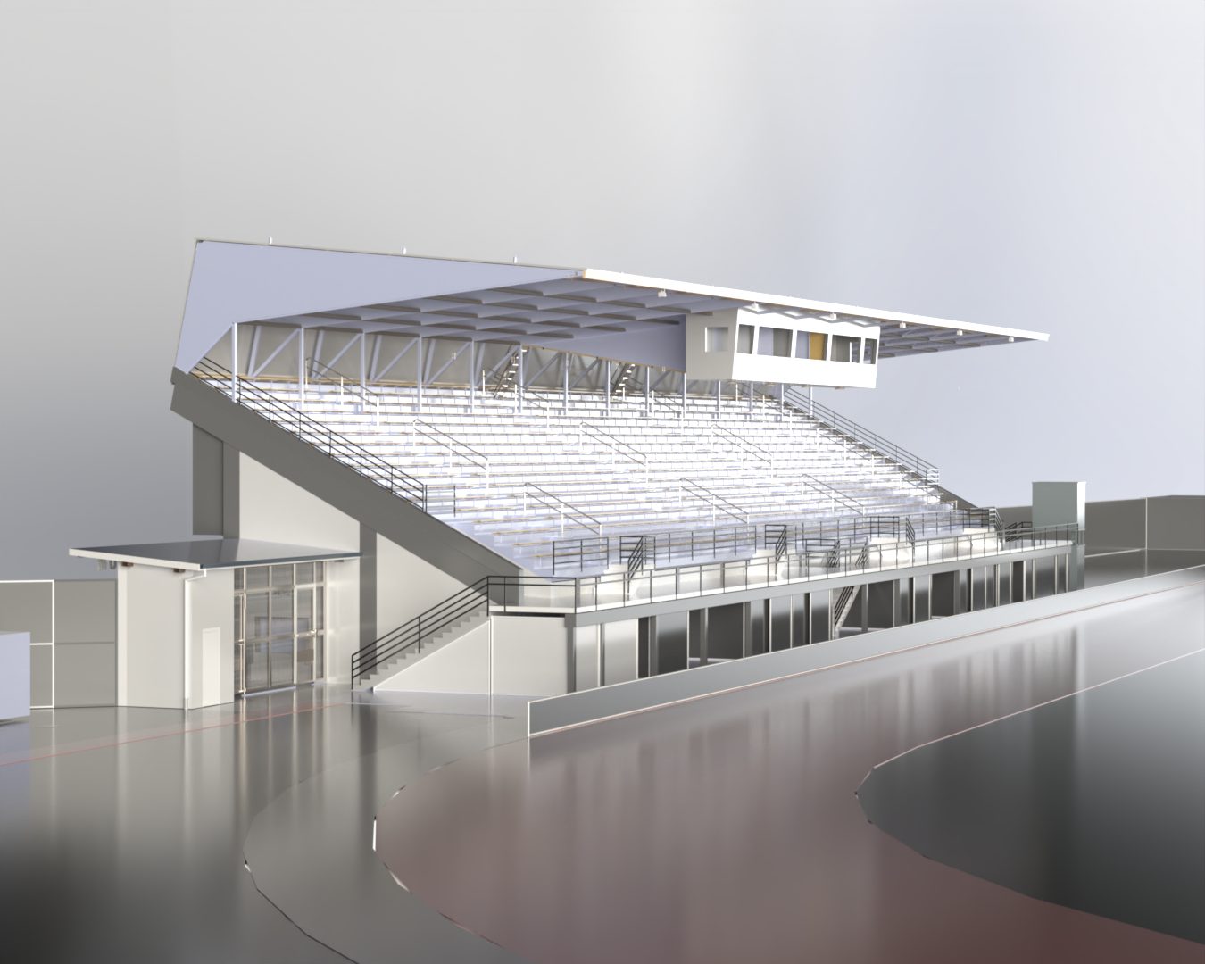 SolidWorks render of a stadium grandstand with covered seating