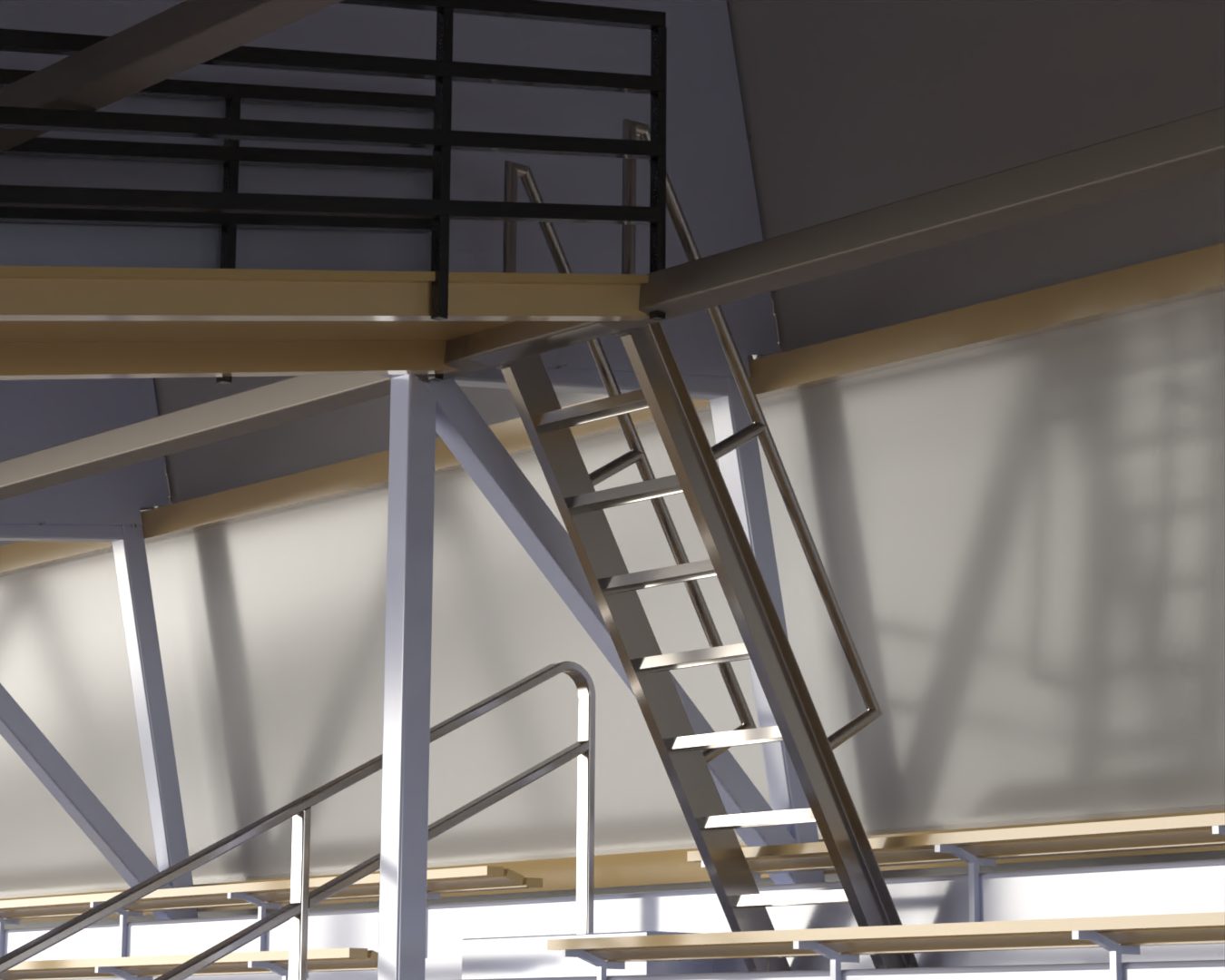Steel ship ladder up to the catwalk above the stands