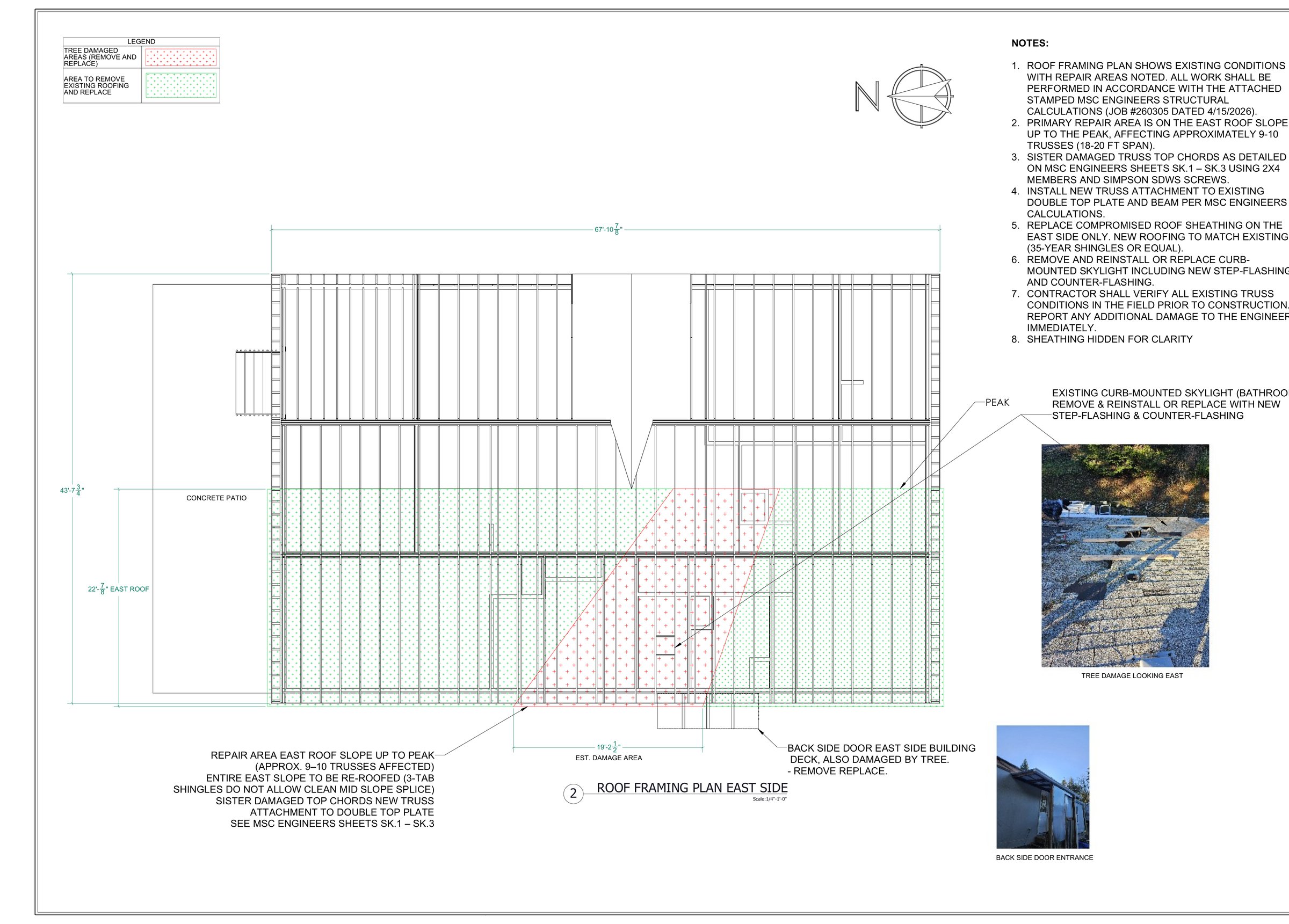 Roof framing plan with the repair area marked