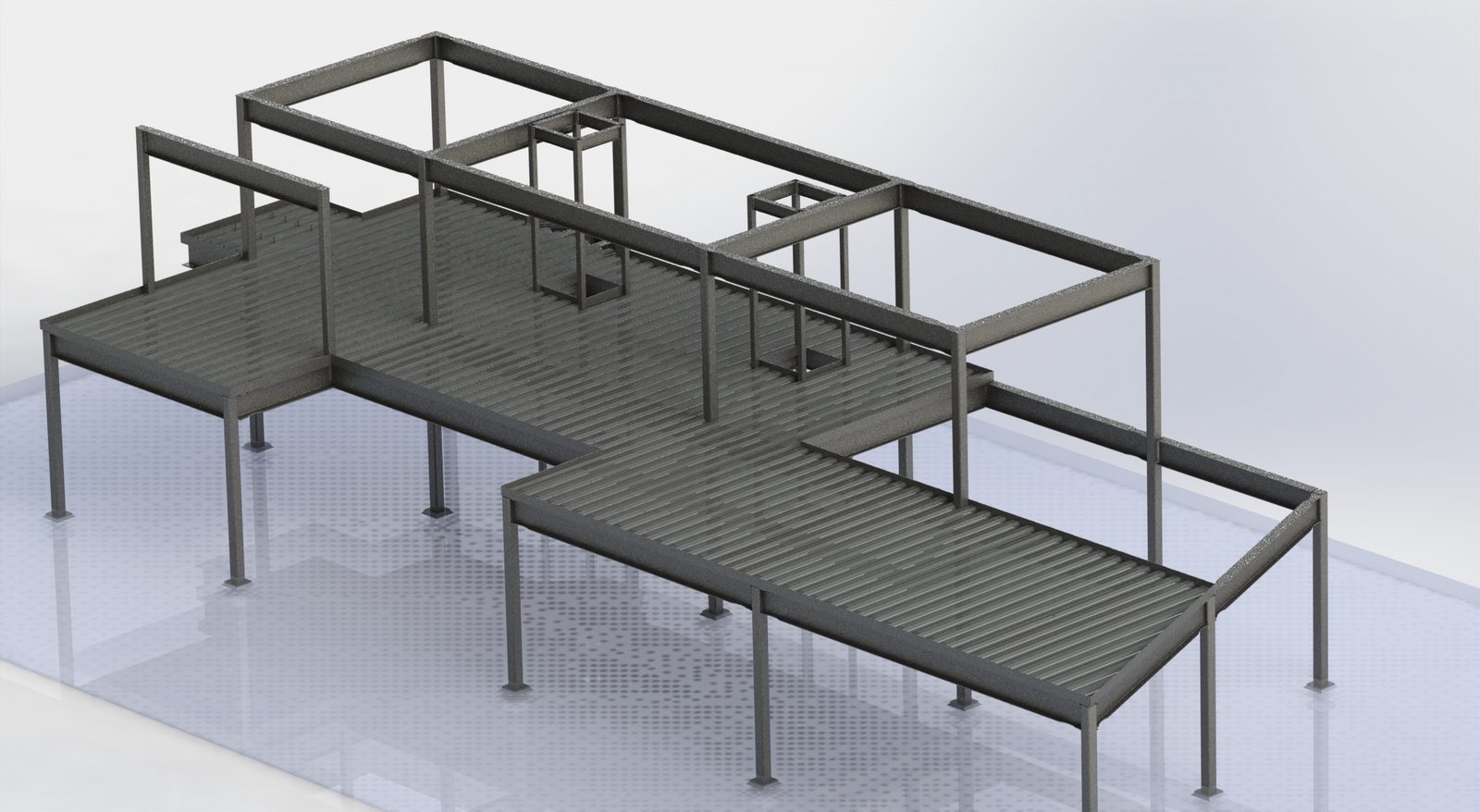 Bare steel frame with pan deck before the concrete