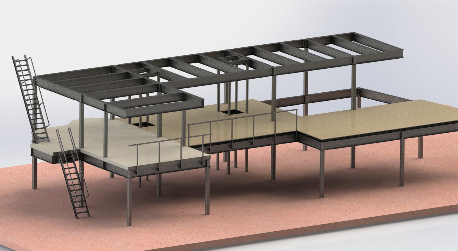 SolidWorks model of a steel training mezzanine with ladders and guardrail
