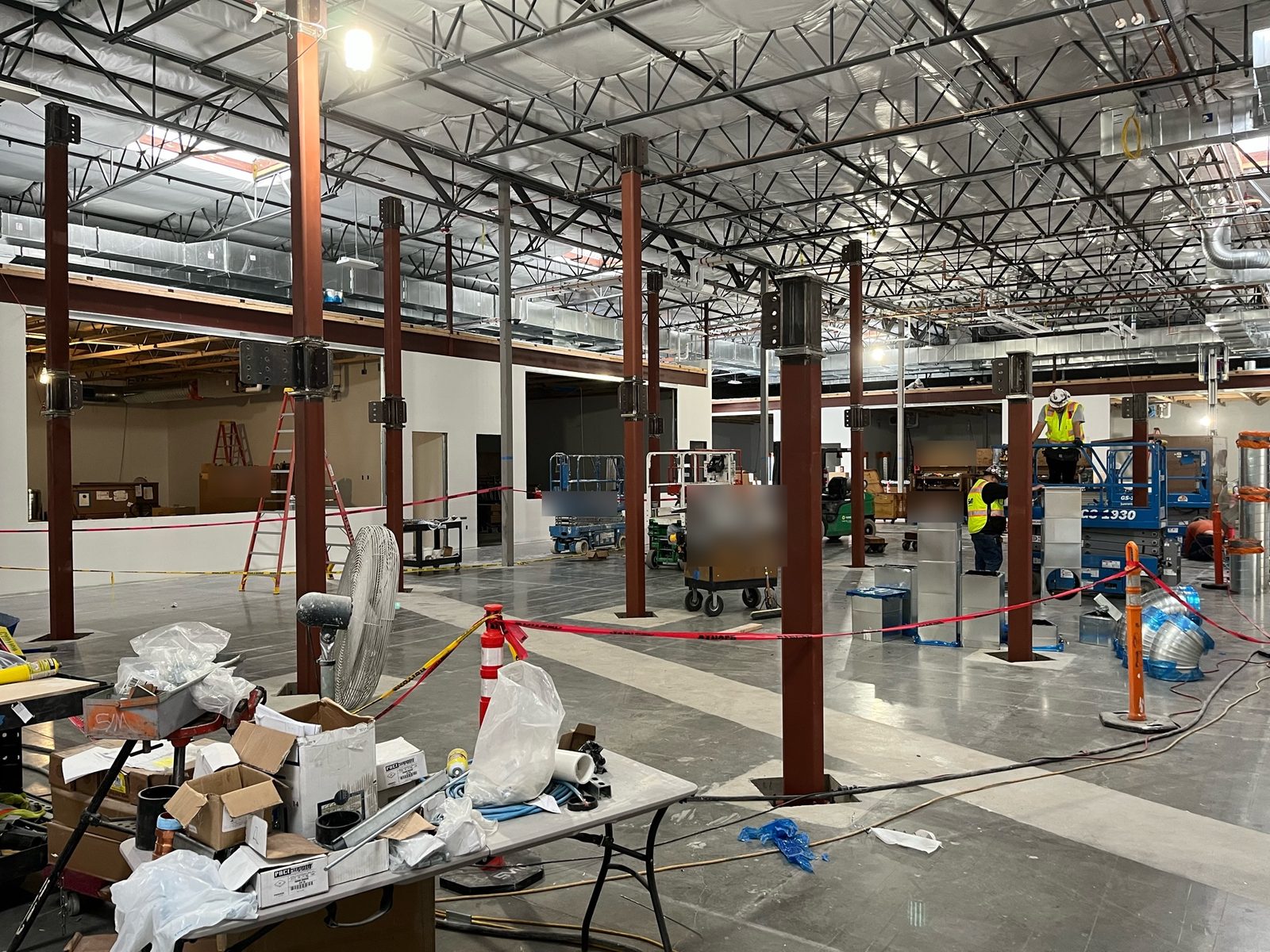 Steel columns and beams installed inside the training center building