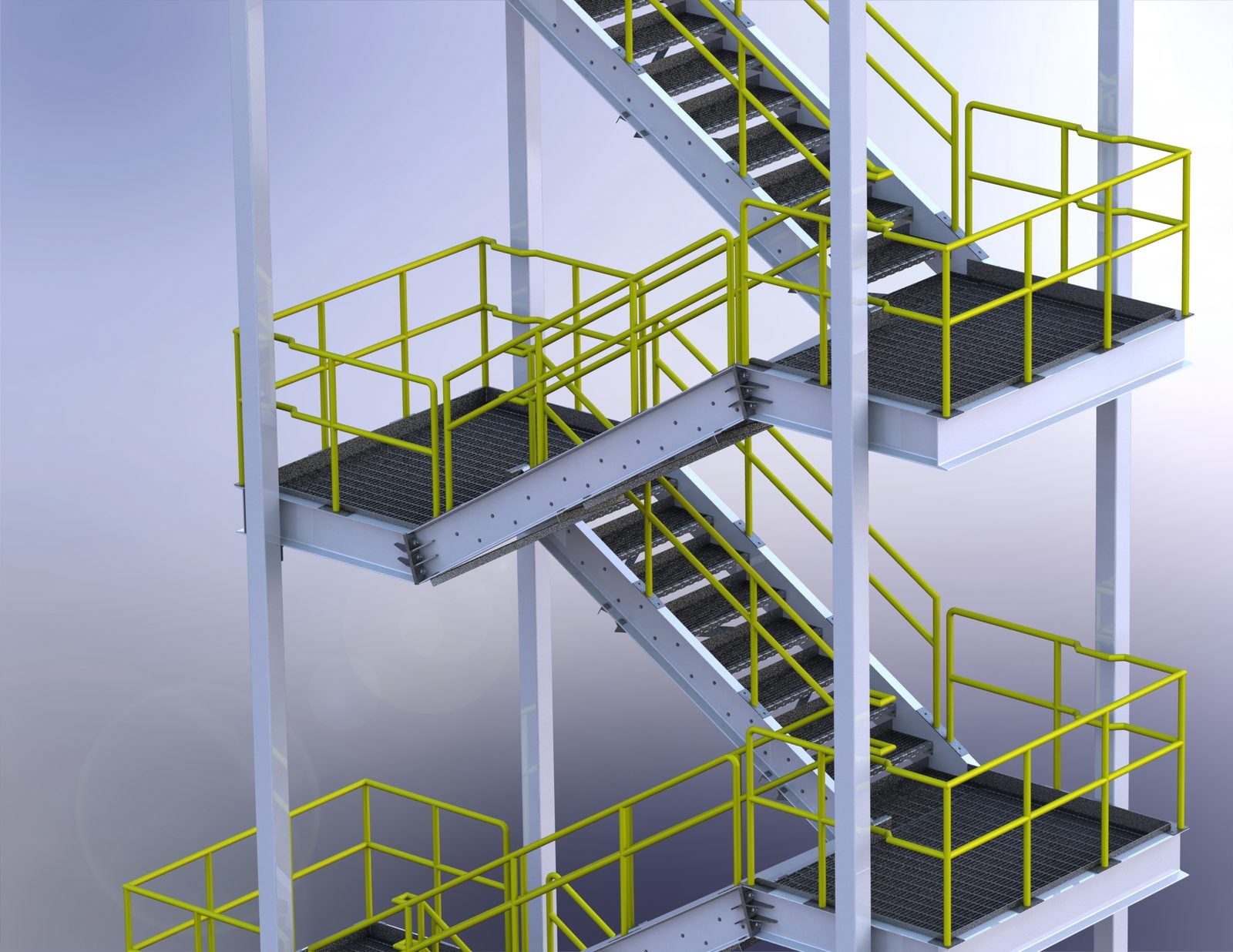 SolidWorks render of a multi-flight steel stair tower with yellow guardrails