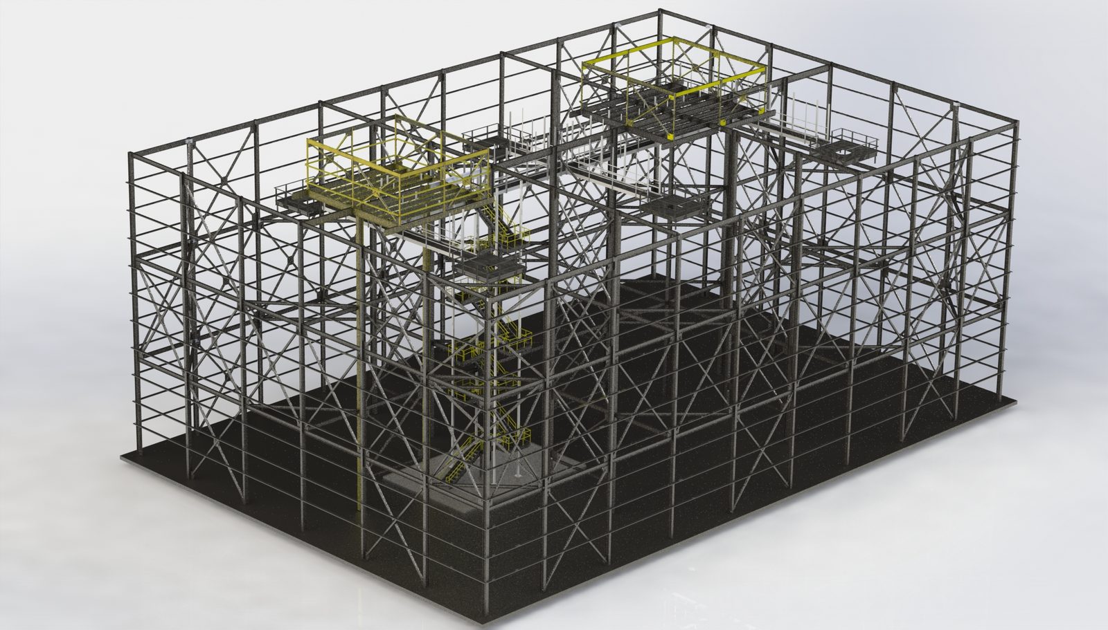 SolidWorks render of braced tank support steel with platforms