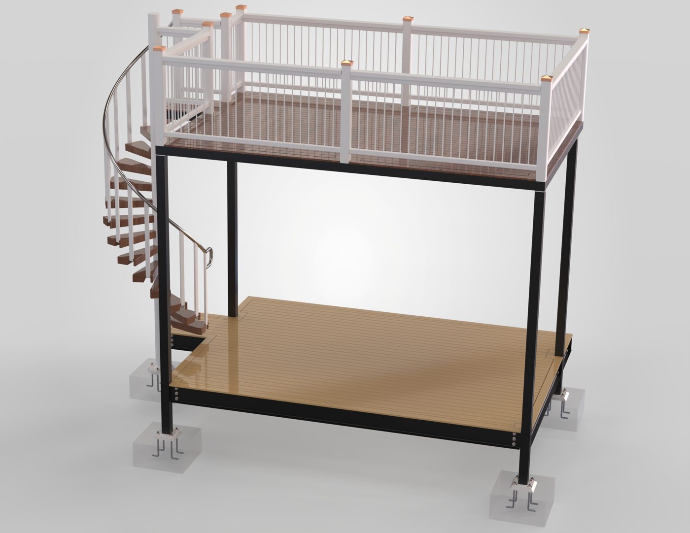 SolidWorks render of a two-level steel deck with a spiral stair