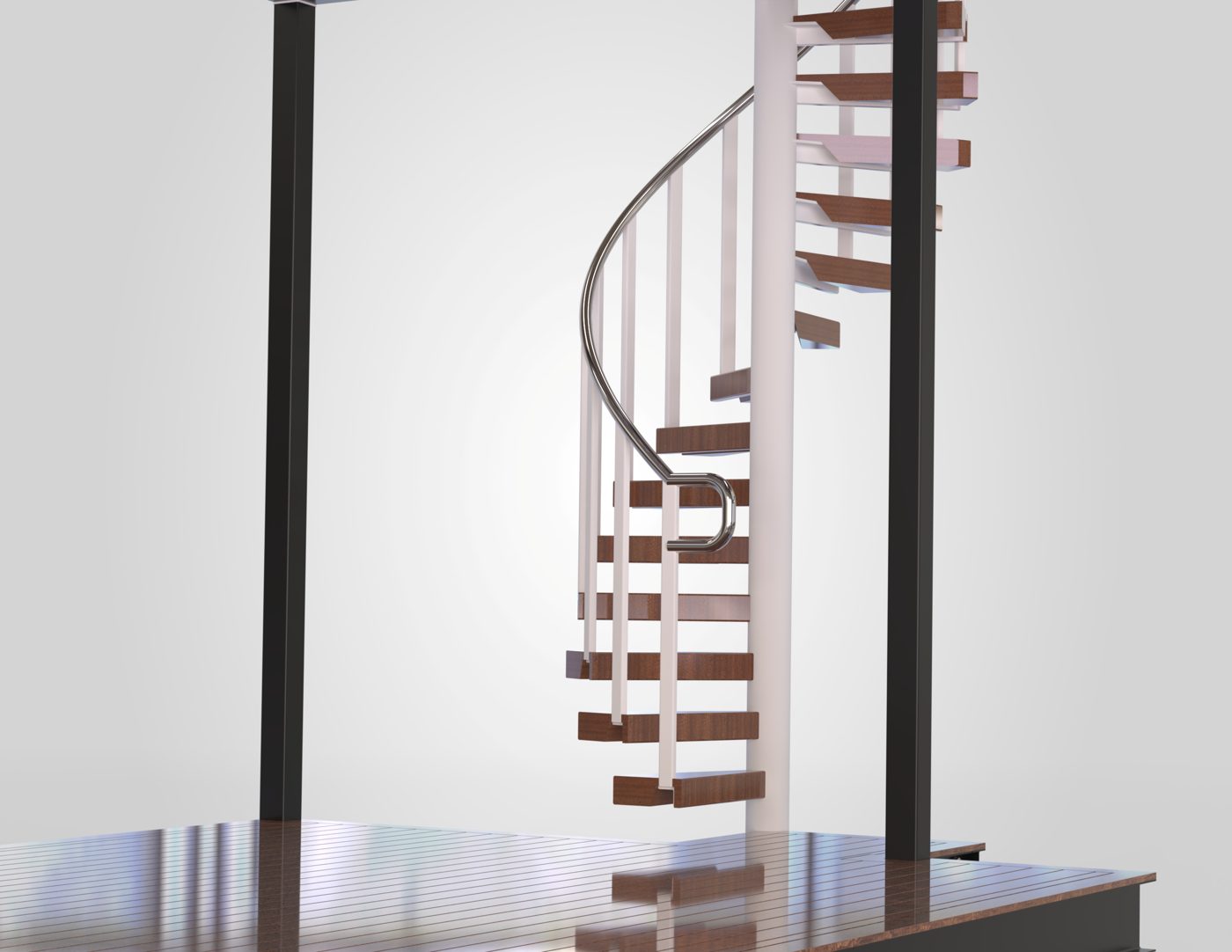 Spiral stair with wood treads and bent rail
