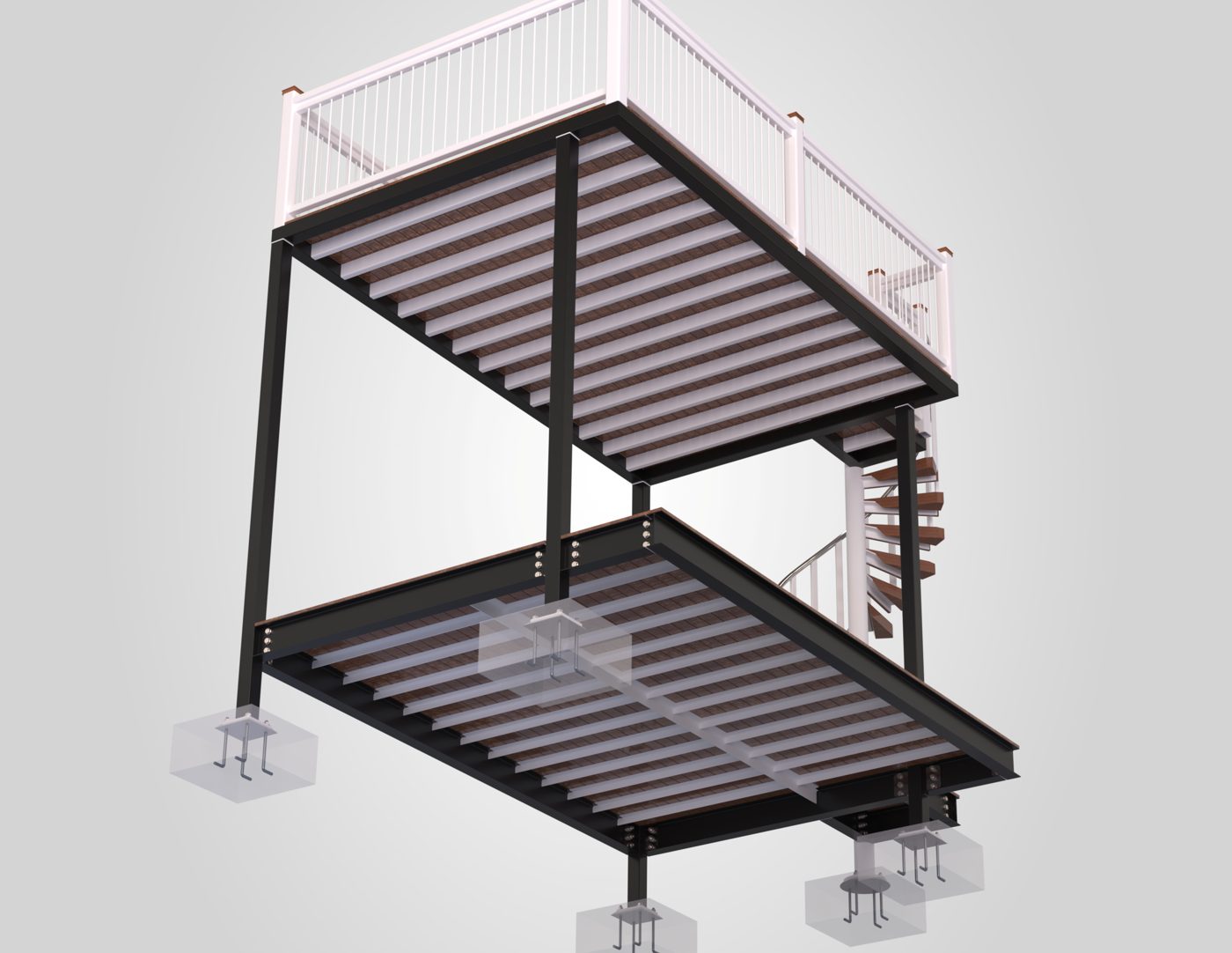Underside view: W-beam framing, joists and anchor-bolt footings