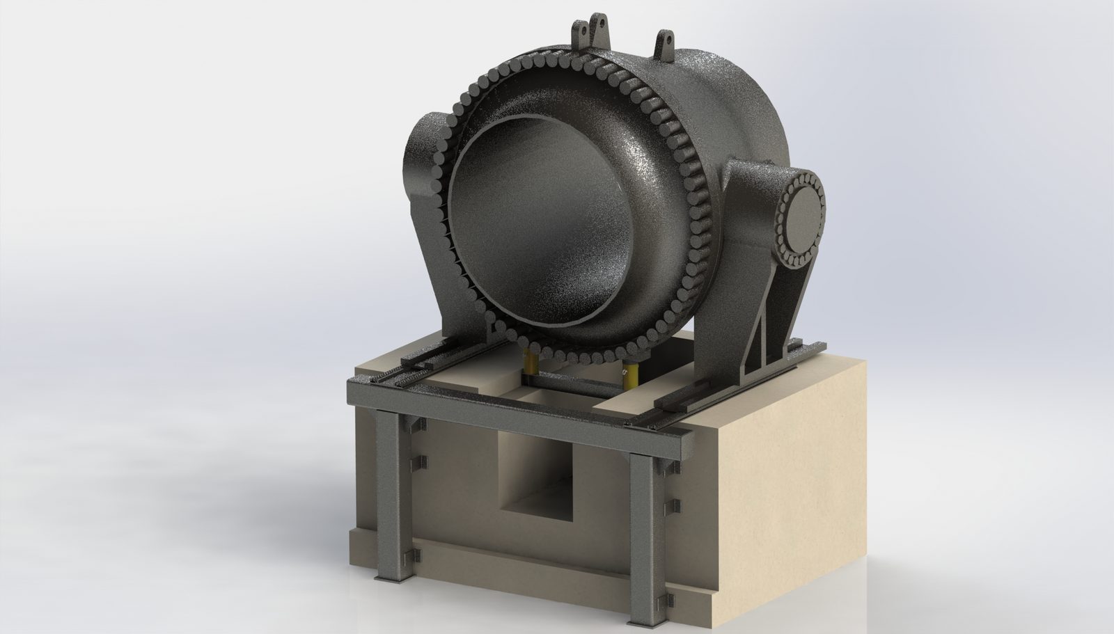 SolidWorks model of a valve removal rig with jacks and roller rails
